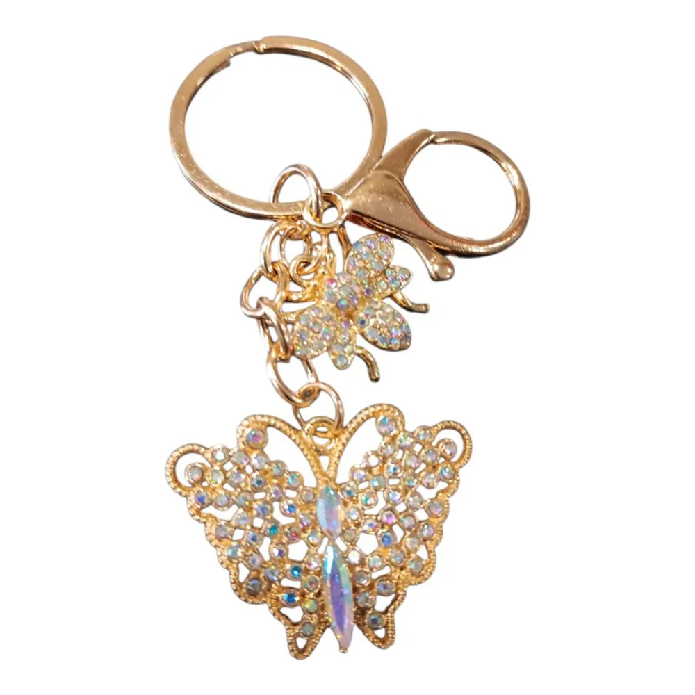 Iridescent Rhinestone Butterfly Bumblebee Gold Tone Keychain Purse Charm